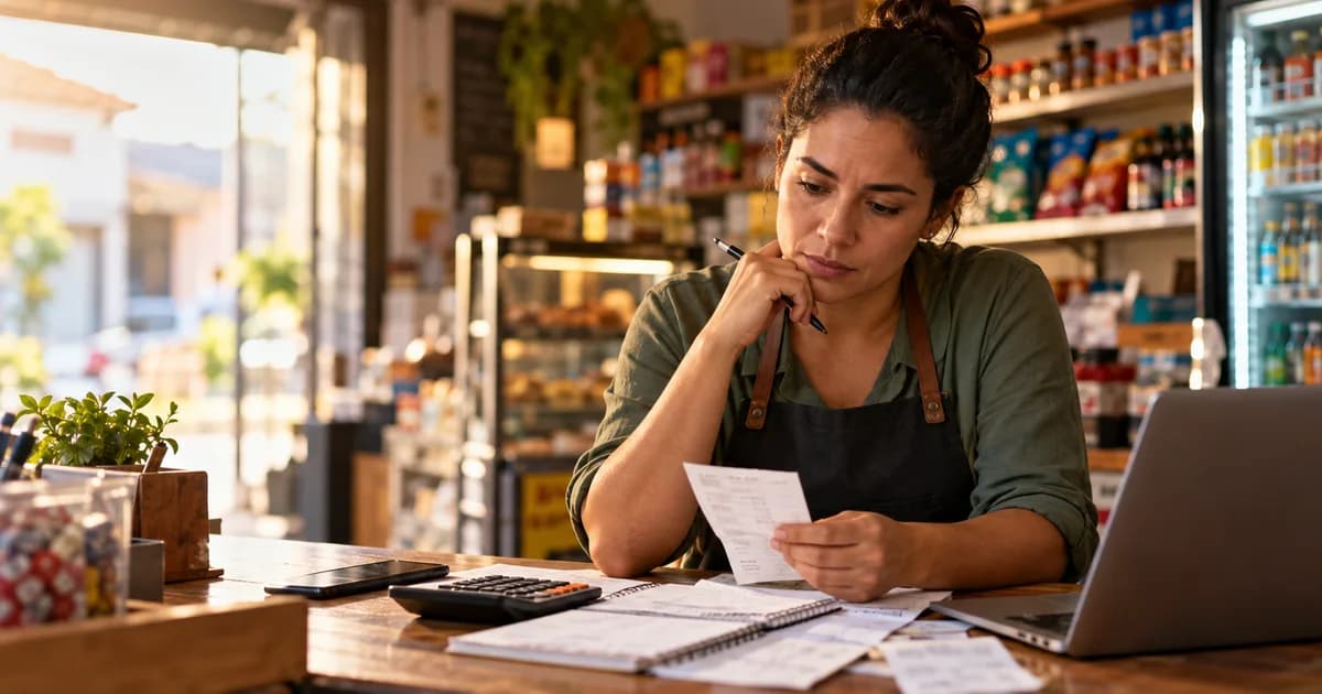Comerciante analisa recibos, calculadora e caderno sobre o balcão do negócio.