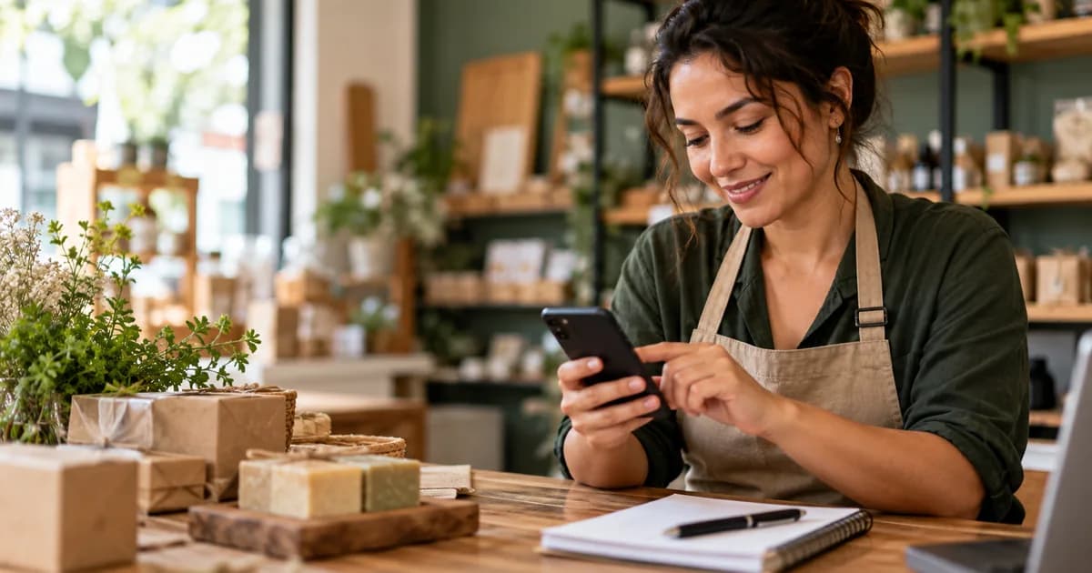 Pequena empreendedora usa o celular no balcão de sua loja para atender clientes.